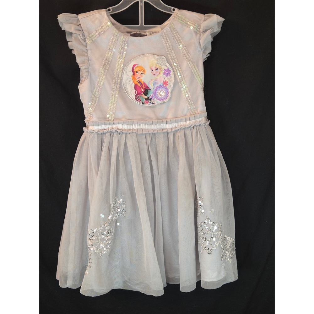 Disney Frozen Anna Elsa Dress Girls Size 5/6 Gray Sequin Tulle Party